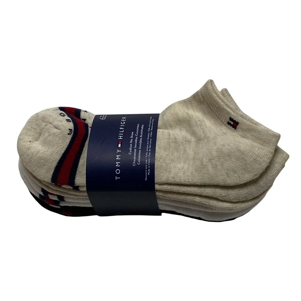 Tommy Hilfiger Womens Cushion No Show Socks 6 Pair‎ Pack Oatmeal White Black NWT